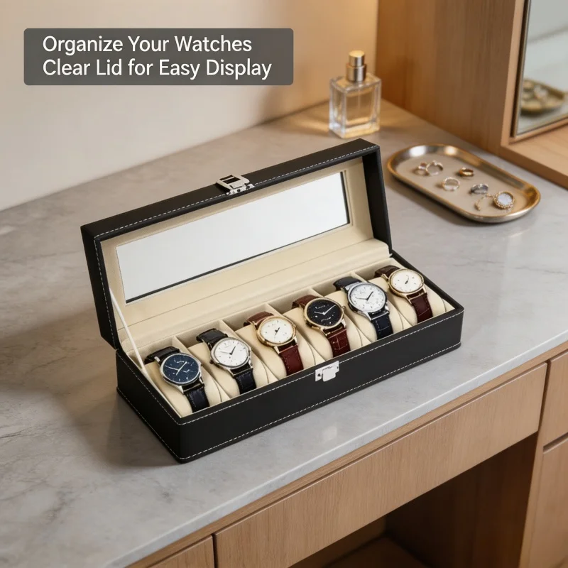 PU Leather Display Organizer Box with Glass Lid, Multiple Compartments for Watches and Jewelry Storage, Men's Accessory Case