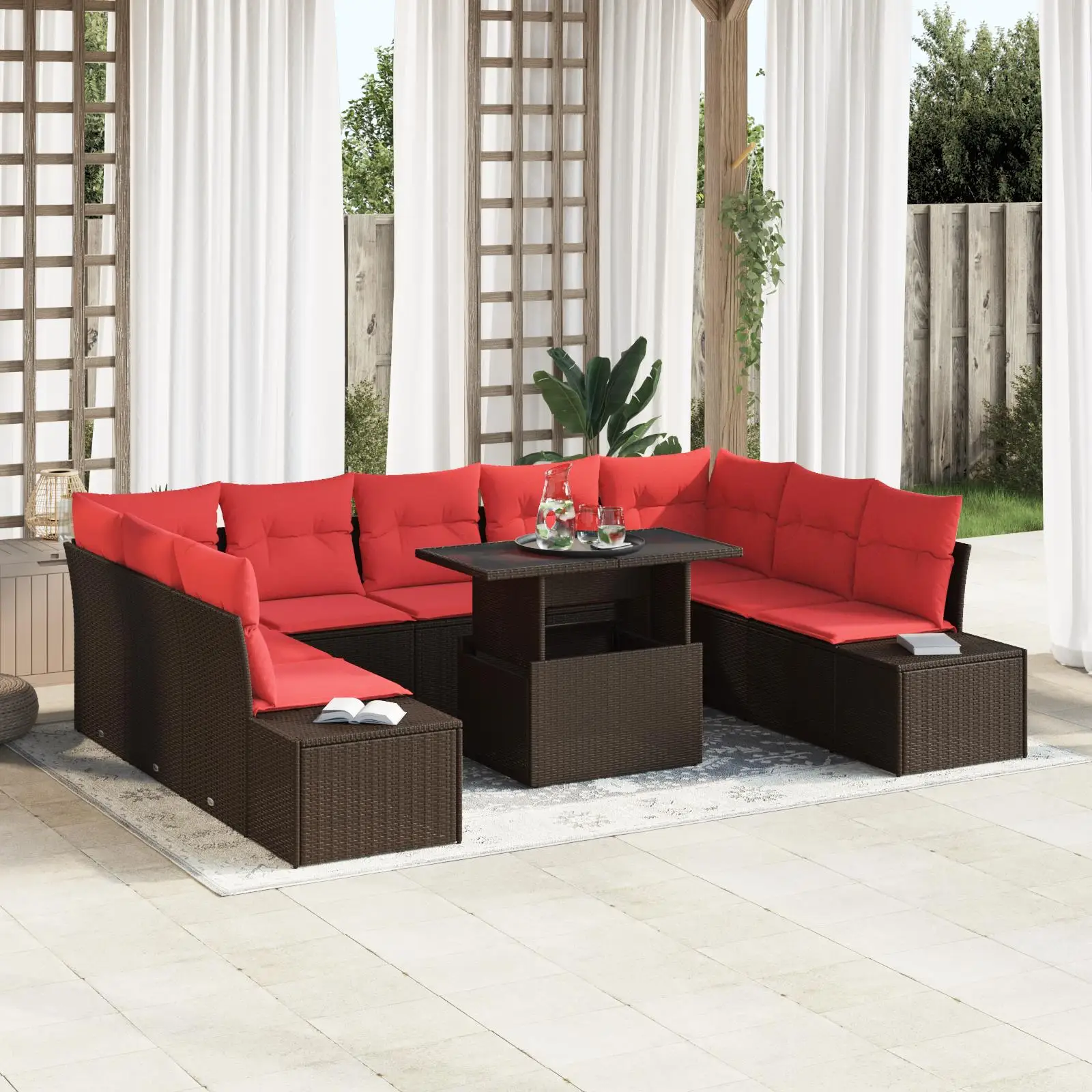 

Brown Poly Rattan 10 Piece Outdoor Sofa Set with Cushions Stylish Comfortable Garden Furniture for Patio Balcony Backyard