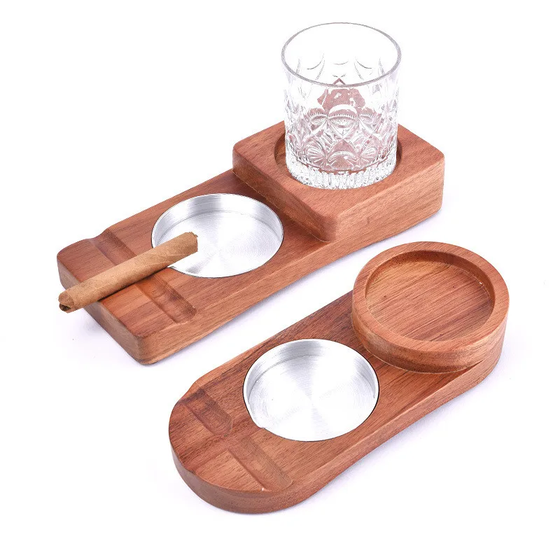 Wood Cigar Ashtray With Whiskey Glass Holder Wooden Ash Tray Desk Accessories for Bar Home Decoration Cool Gadget Gift