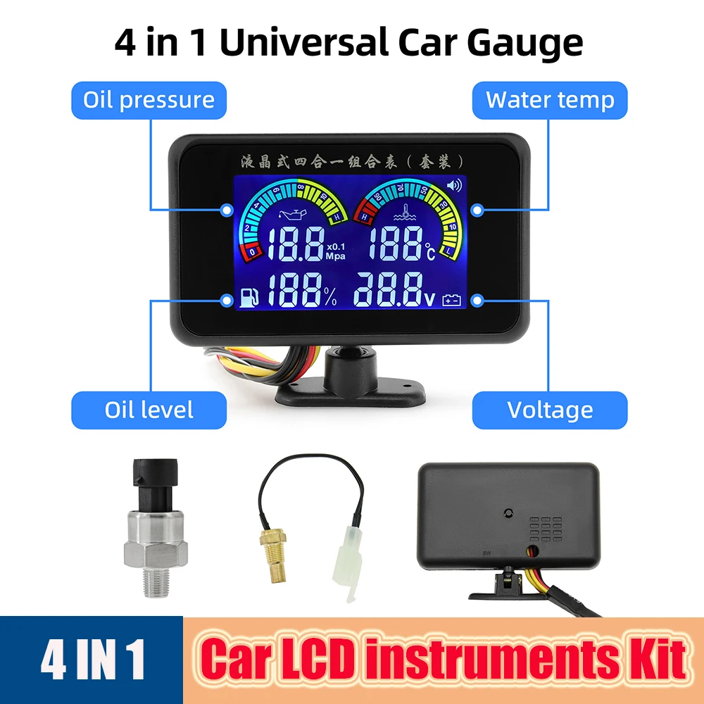

HD Digital Car LCD Display Gauge Universal 4 in1 Water Temp Voltage Fuel Level Oil Press Instruments Sensor NPT 1/8 12V/24V