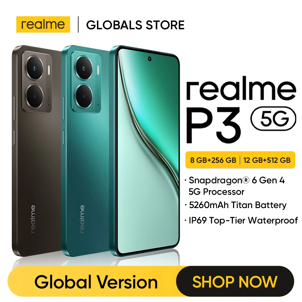 Глобальная версия смартфона realme P3 5G с NFC и процессором Snapdragon ®   Чипсет 6 Gen 4, аккумулятор 5260 мАч, зарядка 45 Вт, 6,67-дюймовый AMOLED-дисплей с частотой 120 Гц