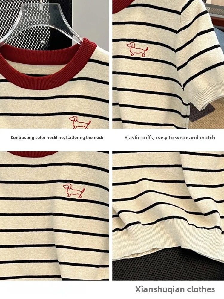 Camiseta de malha bordada ort Sve feminina verão slim fit listrado ort sle versão coreana top faionable