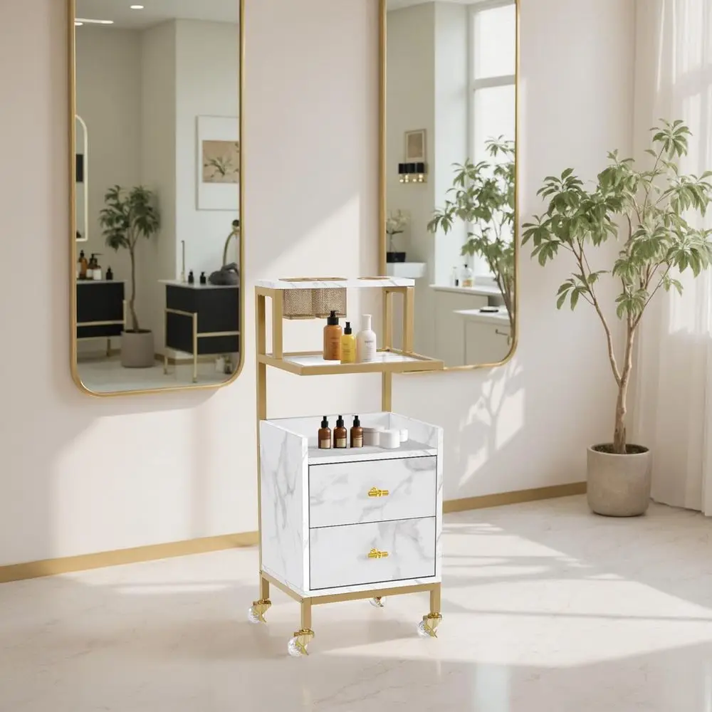 Medium White Rolling Cart with Storage Drawers, Metal Tool Holder & Basket for Beauty and Hair Stylist Equipment
