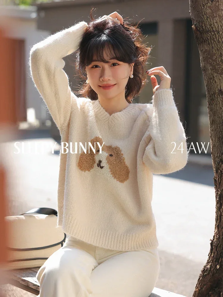 Winter Women V-Neck Wool Sweater Cute Puppy Embroidery Design Stretch Slim Fit Pullover Cozy and Stylish Base Layer Knit Top