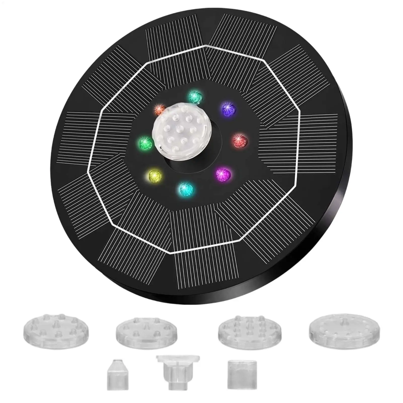 Solar-powered bird bath fountain Solar Water Fountain With colored LED lights 6.3-inch RGB floating fountain 6 Nozzles 1500mAh