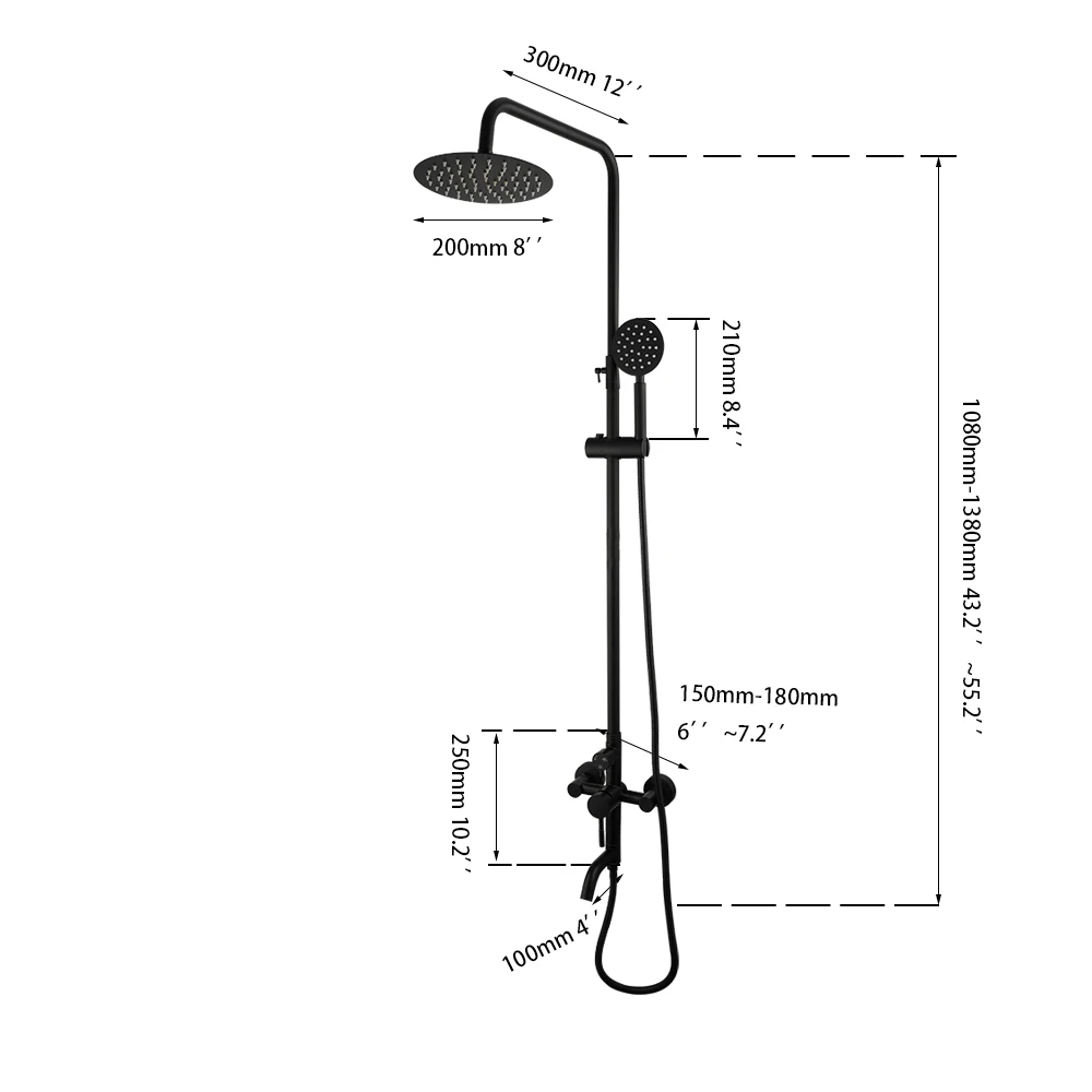 ZAPPO Shower faucet Set Matte Black Triple Function with Adjustable Hand Sprayer and Tub Spout Mixer Rainfall Shower Head