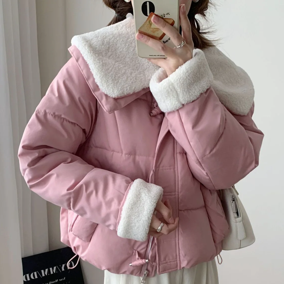 Women's Faux Fur Collar Padded Coat Winter Warm Thick Short Bread Jacket Casual Loose Fit Cozy Soft Fuzzy Female Outerwear Coats
