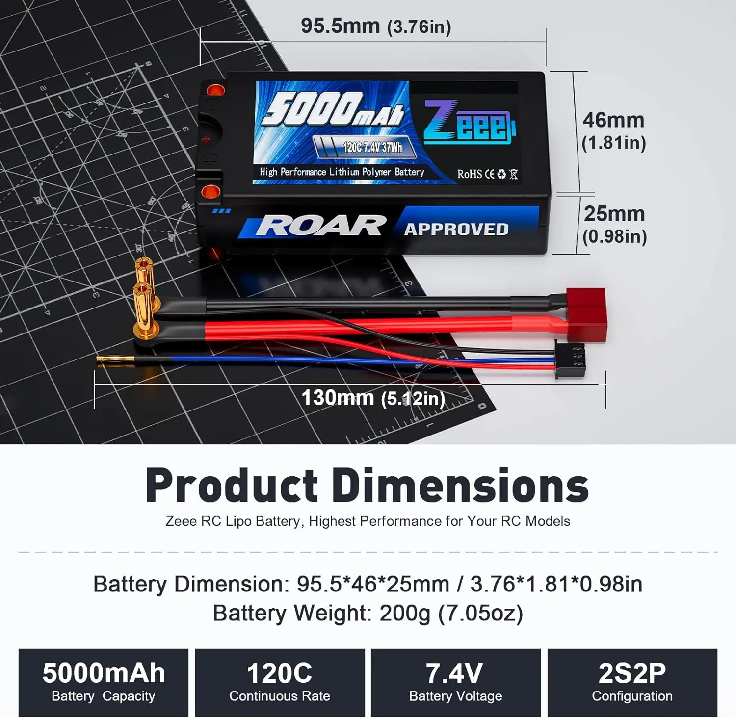 1/2pcs Zeee 2S 120C Shorty RC Lipo Battery 7.4V 5000mAh Hardcase with 5mm Bullet T Plug for RC Car Buggy FPV Drones Model Parts