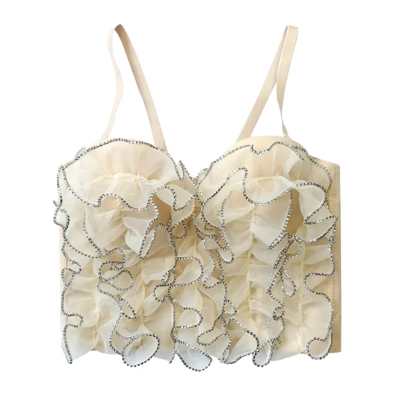 Sparkling Wave Lace Bustier Underwire Boned Corset Top with Ruffle Trim Backless Bandeau for Layering Lingerie Waist Trainer Bra