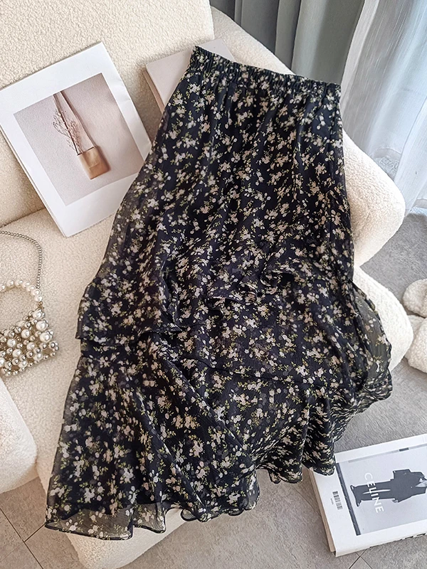 

Floral A-Line Midi Skirt Women's Split High Waist Summer Casual Thin Material Pear Straight Body Shape Plant Floral