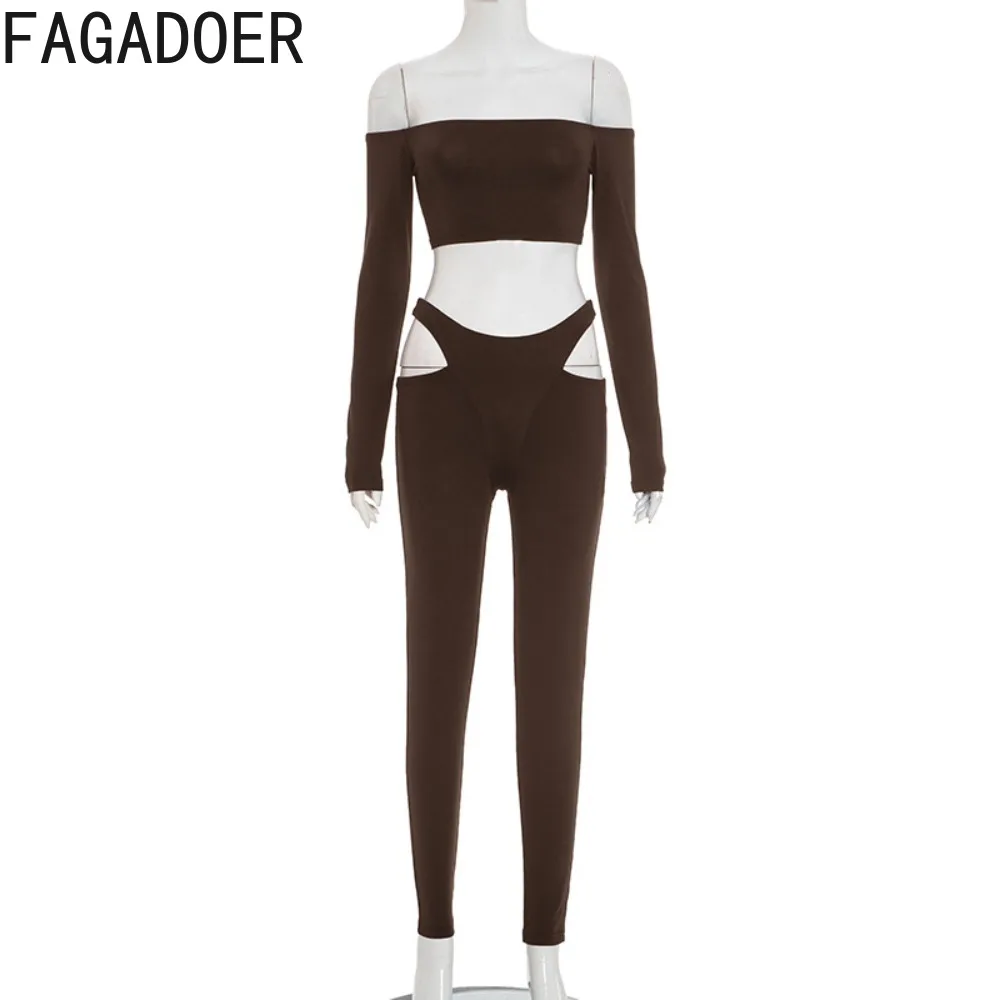 FAGADOER – ensemble 2 pièces ajouré pour femme, tenue Sexy, couleur unie, haut court + pantalon slim, Streetwear assorti