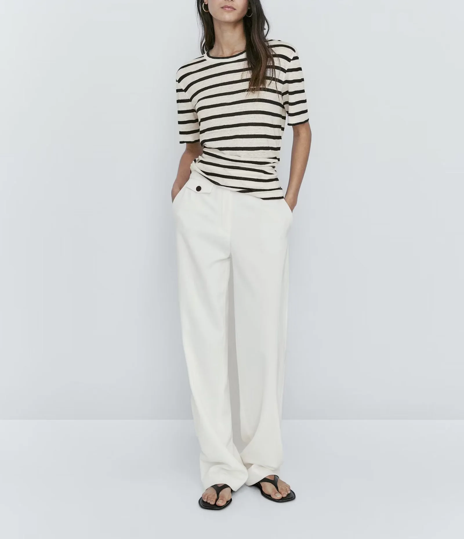 Wygodny Podstawowy Koszulka w Paski z Okrągłym Dekoltem, Krótki Rękaw, Wiosenna Nowość, Uniwersalny, Casualowy, Do Dojazdów do Pracy, Wykonany z Poliestru