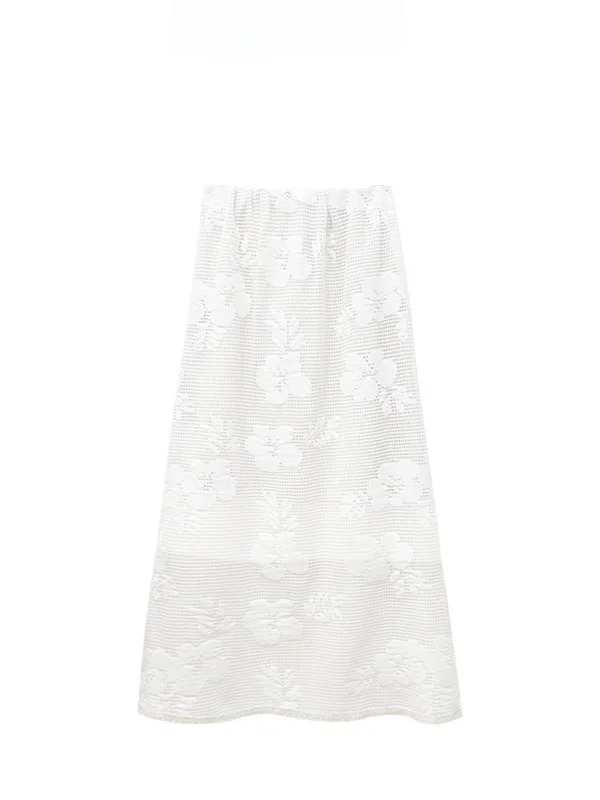 

Вязаная юбка миди с цветочным узором, ажурная, с эластичной талией, для повседневной носки, А-силуэт, прямой крой