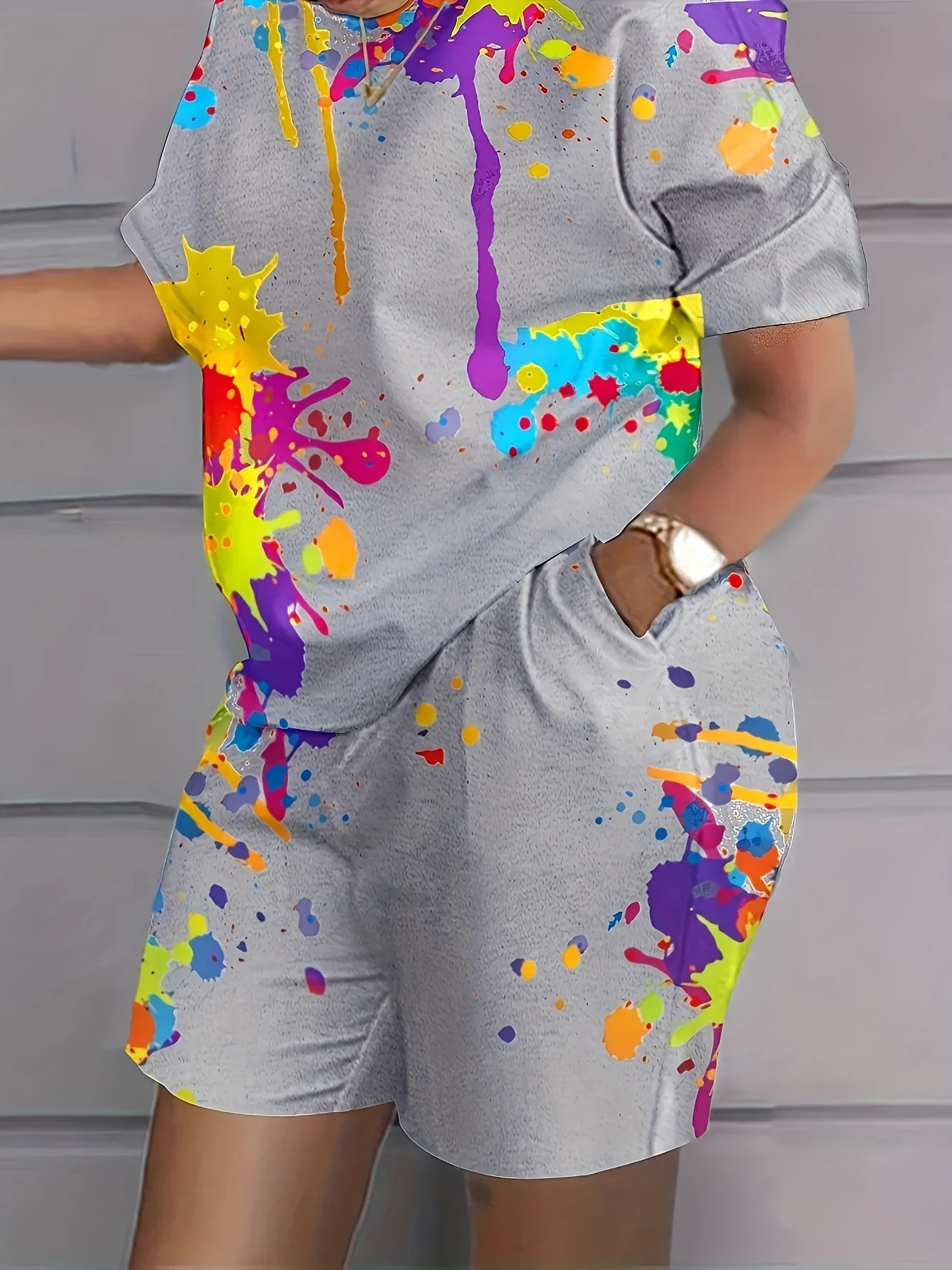 Plus Size 1XL-5XL Women Casual Loose Short Sleeve Tshirt Shorts Set Fashion O-neck Colorful Print Two Piece Set Women Outfit