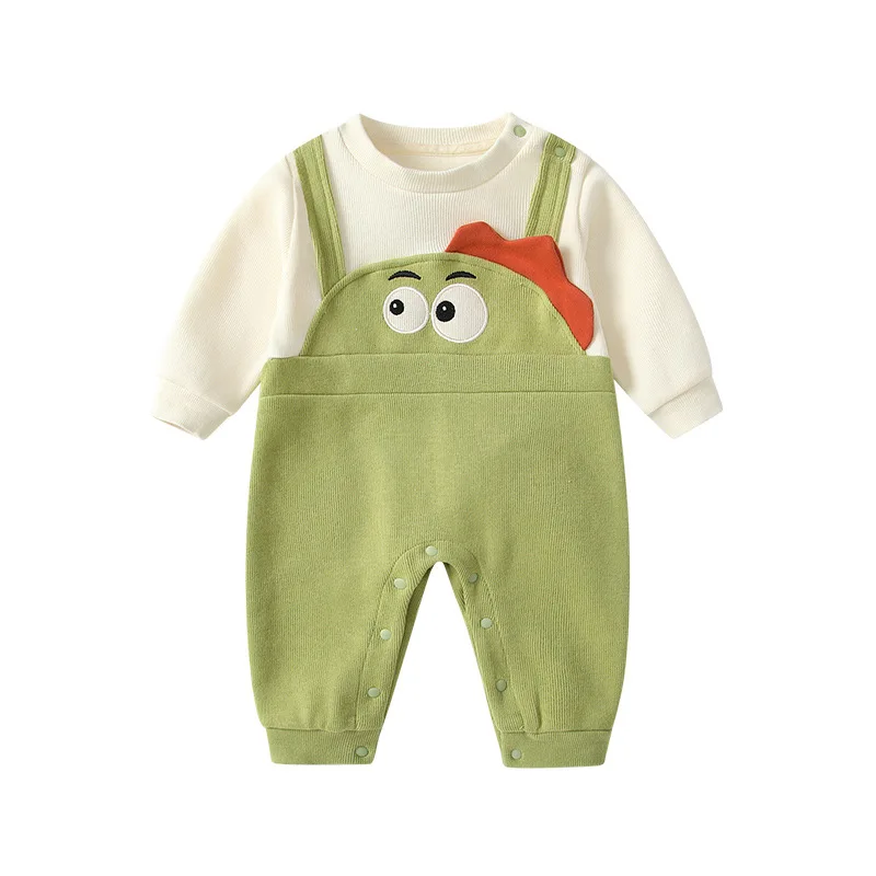 

MINISO 2025 New Autumn Baby Boy Dinosaur Strap Faux Two Piece Romper Long Sleeve Cotton Newborn Jumpsuit Bodysuits 0-1 years