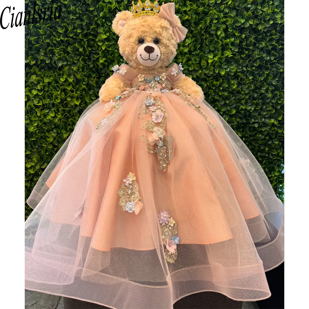 Pink Personalized Quinceanera Teddy Bear Dress Beaded Appliques Ruffles Robe Customized