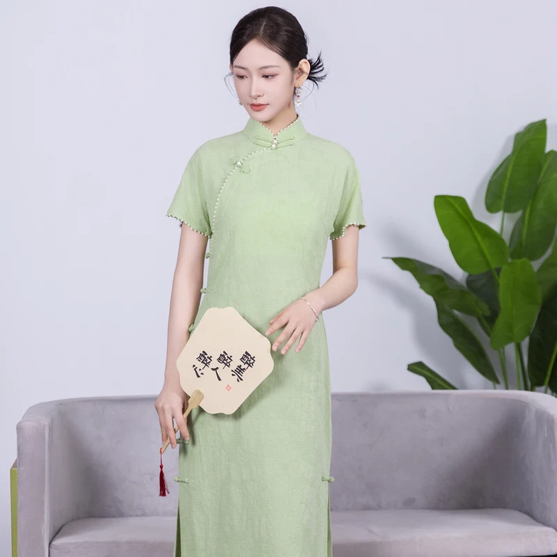 

2025 New Traditional Cotton Young Sle ort Sve een Long Qipao Women's Split Daily Wear Comfortable Breathable Summer