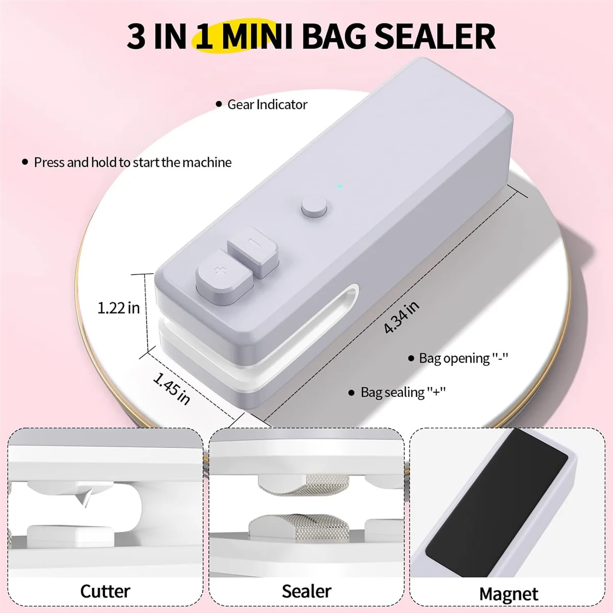 Bag Sealer , 3 in 1 Mini Bag Sealer Heat Seal with Cutter & Magnet,Rechargeable Mini Chip Bag Vacuum Sealer Machine Grey