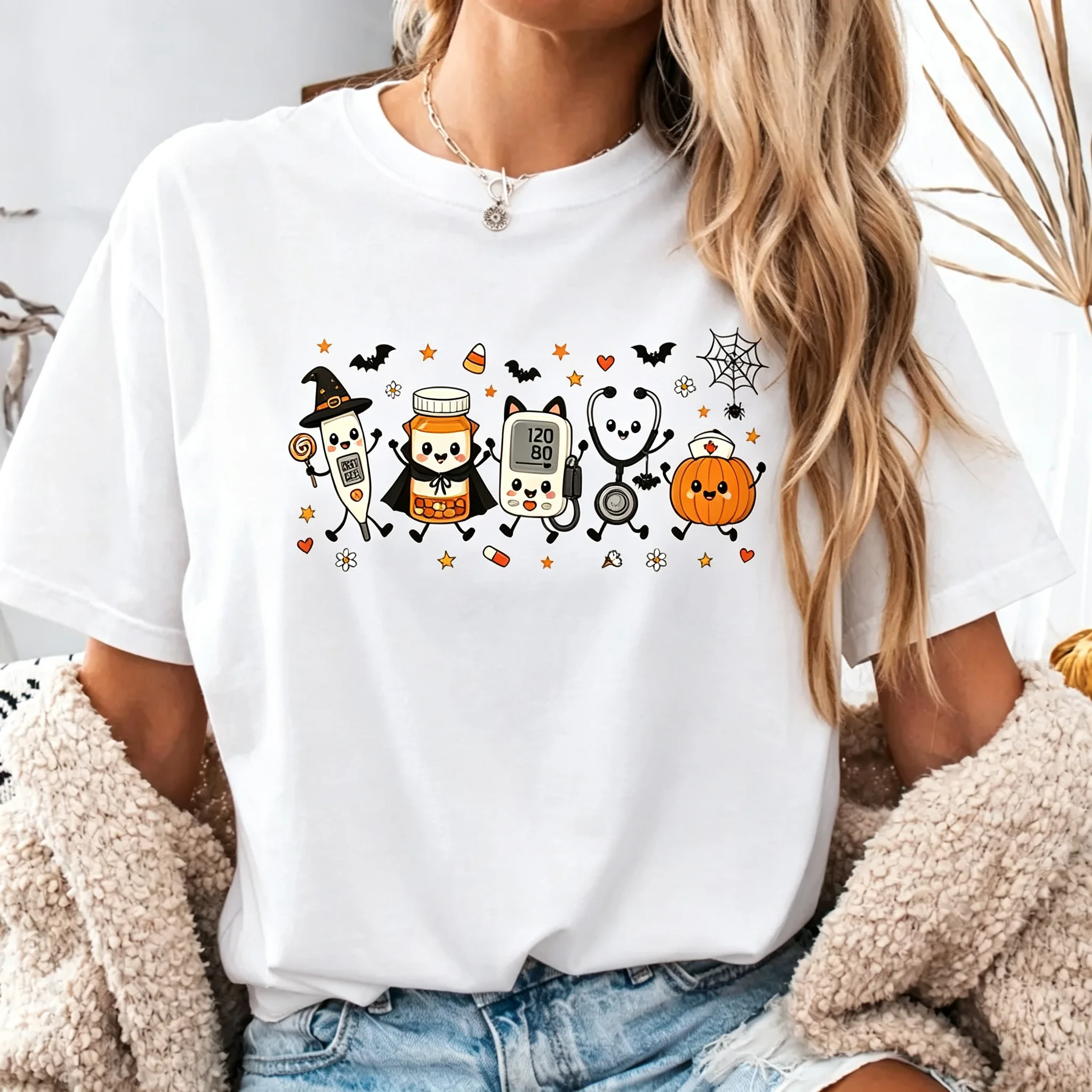 Cute Medical Halloween Characters T Shirt Nurse Thermometer Blood Pressure Stethoscope Pumpkin Print Unisex Short Sleeve Tee