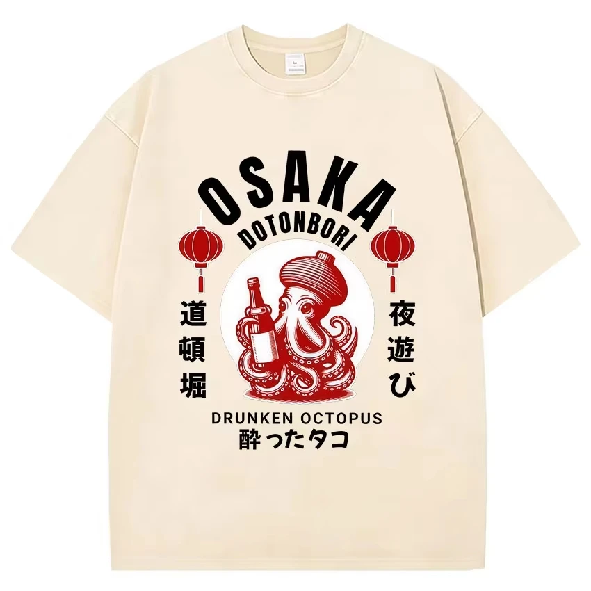Vintage Washed Osaka Dotonbori Drunken Octopus Funny Graphic T Shirts Japanese Harajuku Short Sleeve Men's Women Cotton T-shirt