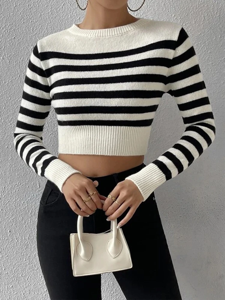 2023 Autumn Winter Women Striped Basic Sweaters Korean Knitted Crop Tops Bodycon Slim Long Sleeve Pullover O-neck Jumper Female