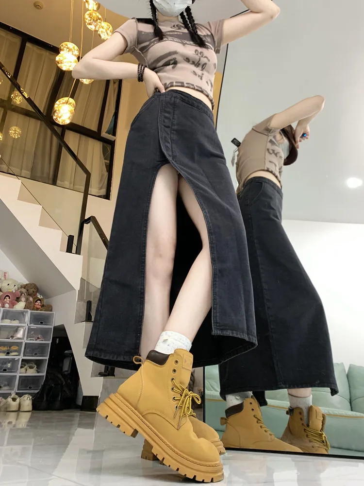 European American Jeans Skirt Y2k Women Denim Long Skirts Summer Vintage Maxi Skirt Side Split Denim Skirt Women Long Korea