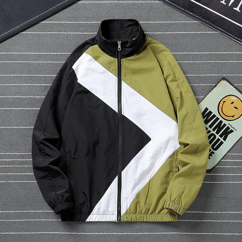 Men's Spring Autumn Turtleneck Contrasting Color Zipper Pockets Shirring Long Sleeve Cardigan Coats Fashion Casual Loose Tops