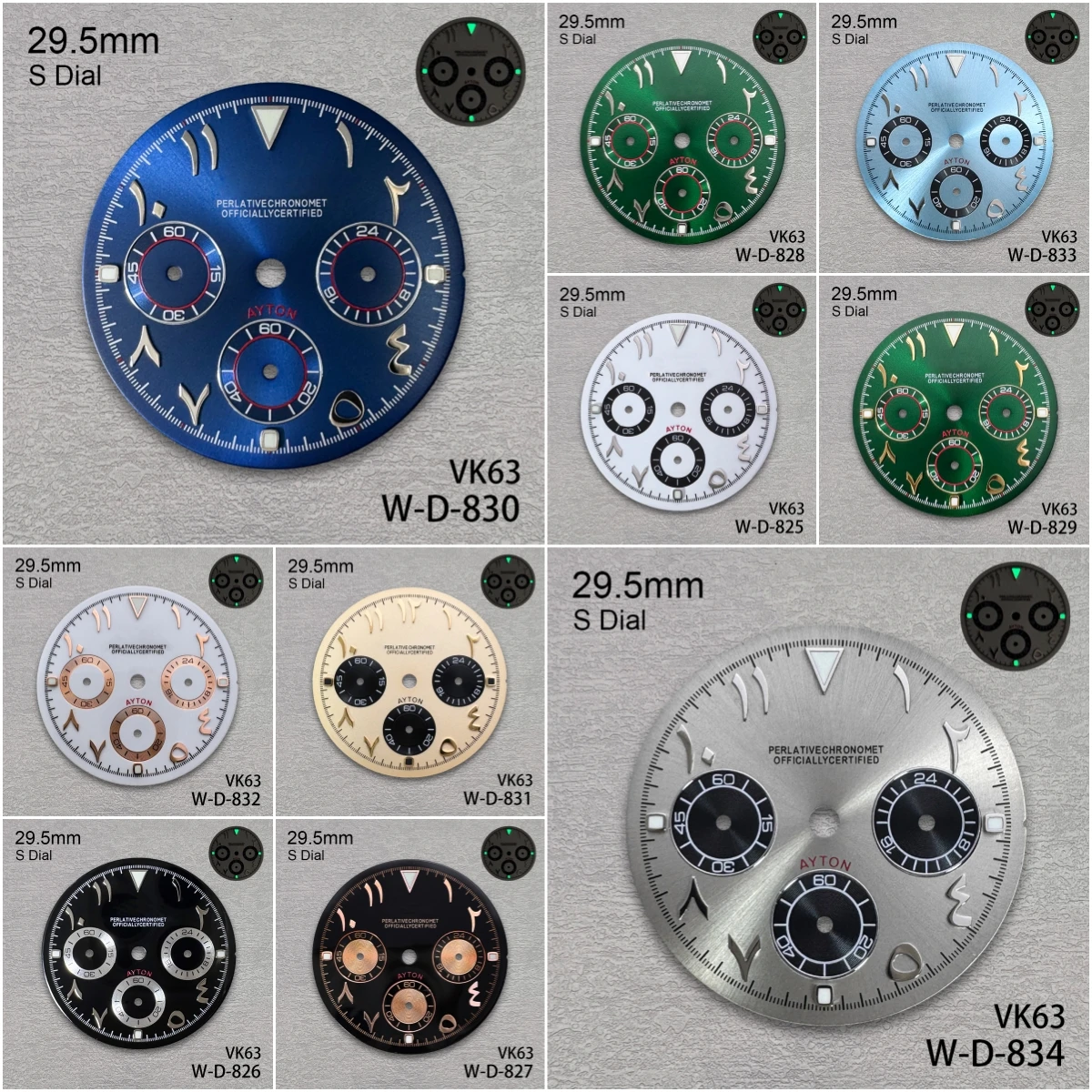 29.5mm DTN Arab Panda S Dial Fit VK63 Movement Green Luminous High-Quality Quartz Dial Watch Modification Accessories