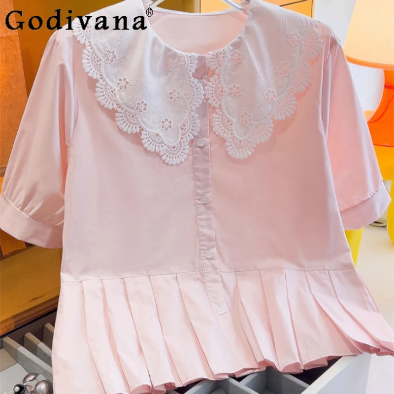 

Women Plus Size Summer Cute Peter Pan Collar Doll Collar Short Sleeve Shirt Sweet Loose Versatile Age Reducing Lolita Cotton Top