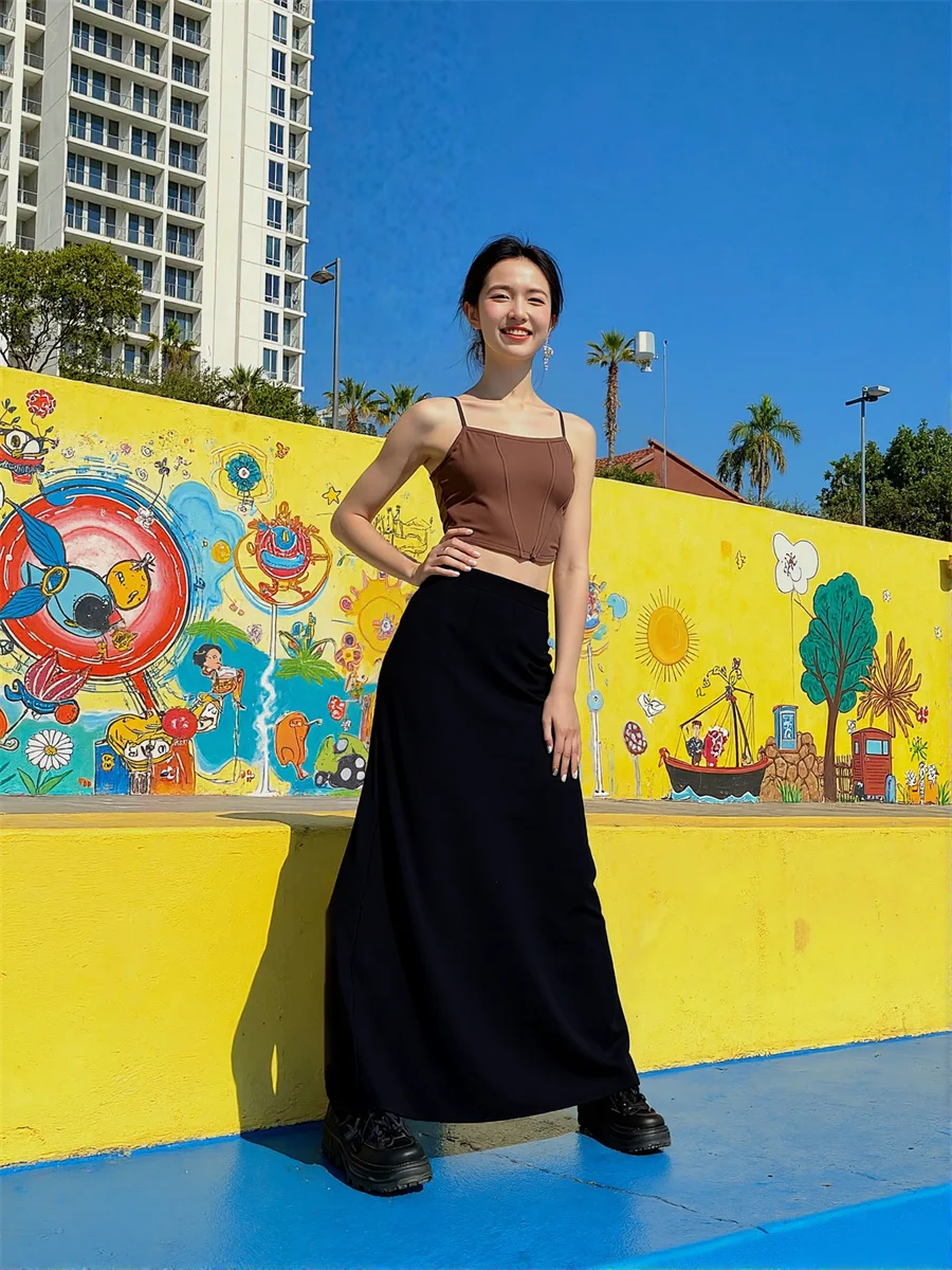 Saias femininas ajuste regular preto especial longo maxi saia feminina roupa diária solta conforto tecido adequado textura estiramento suave