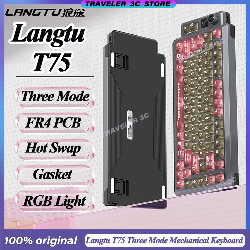 

НОВАЯ механическая игровая клавиатура Langtu T75, индивидуальные колпачки для противотуманных клавиш, переключатель Hi-Fi, горячая замена, FR4, печатная плата, динамическая RGB с ручкой управления