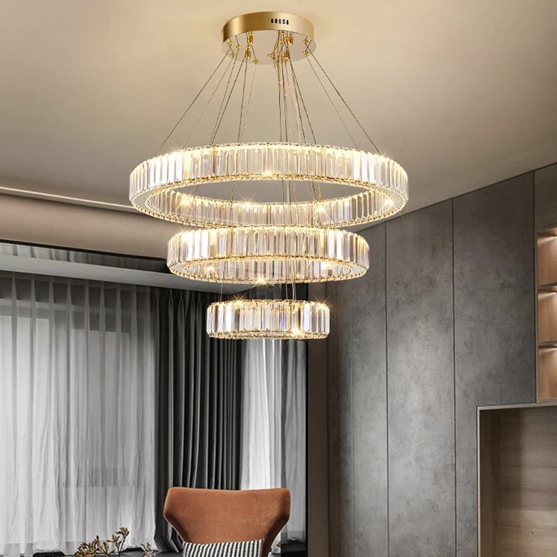 Modern Luxury Crystal Lights LED Chandelier For Living Room Bedroom Dining Room Kitchen Golden Luster Ring Design Pendant Lamp