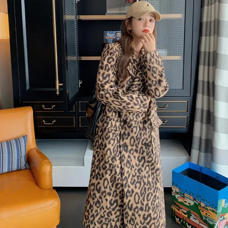 2023 Spring Women Woolen Coat Classic Leopard Print Loose Style Long Sleeve Women Fashion Longl Coat Casaco Feminino