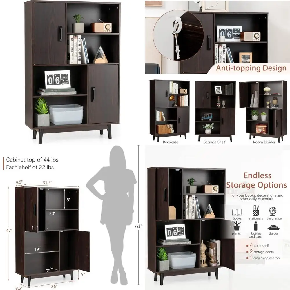 

giantex storage cabinet with legs, floor cabinet with doors, shelves, anti-tipping device, 4-tier bookshelf for books & photos,