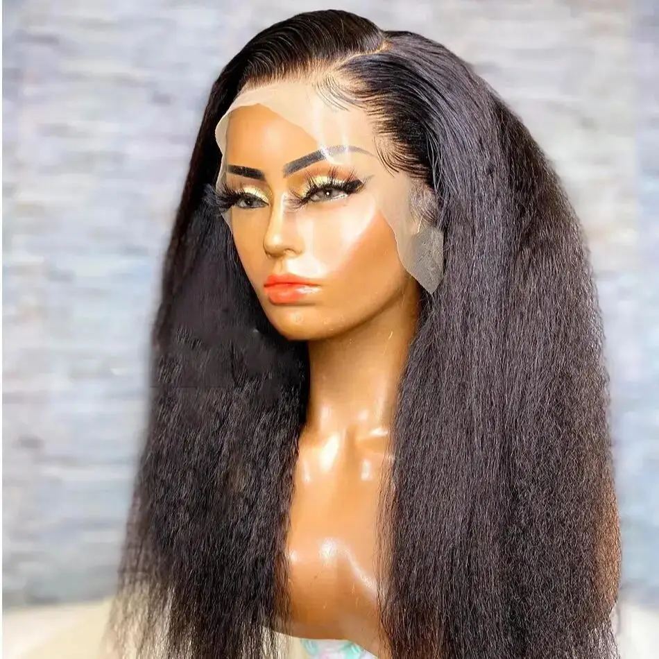 

Soft 180Density 26Inch Natural Black Kinky Straight Long Glueless Deep Lace Front Wig For Women With Baby Hair Preplucked Daily