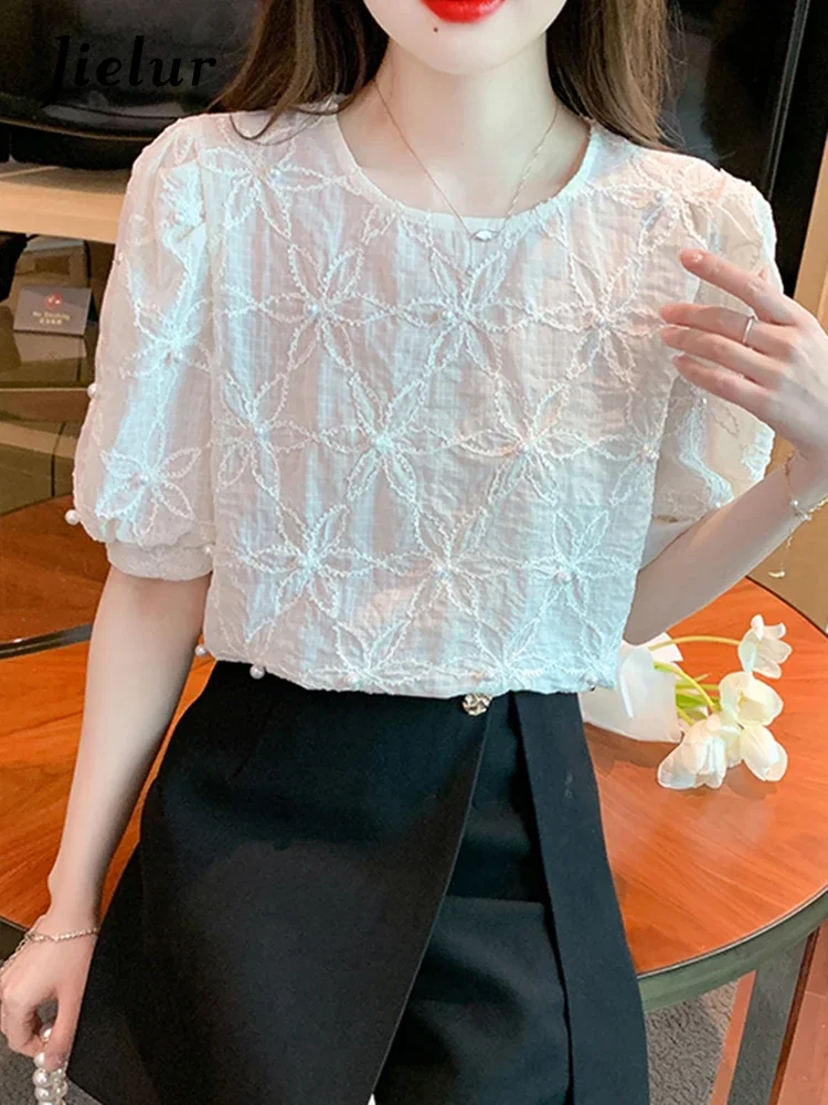 Jielur Summer New French Embroidery Women Blouse Solid Color Slim Sweet Ladies Blouse Woman Apricot Loose Chiffon Top Female