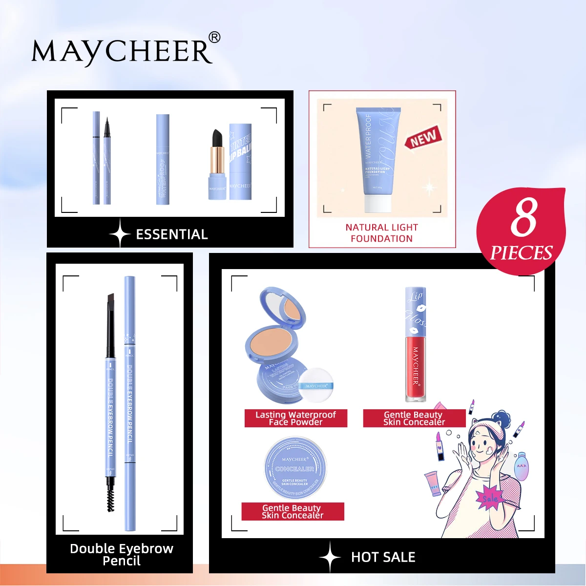 MAYCHEER Heart-to-Heart Beauty Makeup Set (8-Piece) - Mascara, Pressed Powder, Lipstick, Eyeliner & Cosmetic Kit