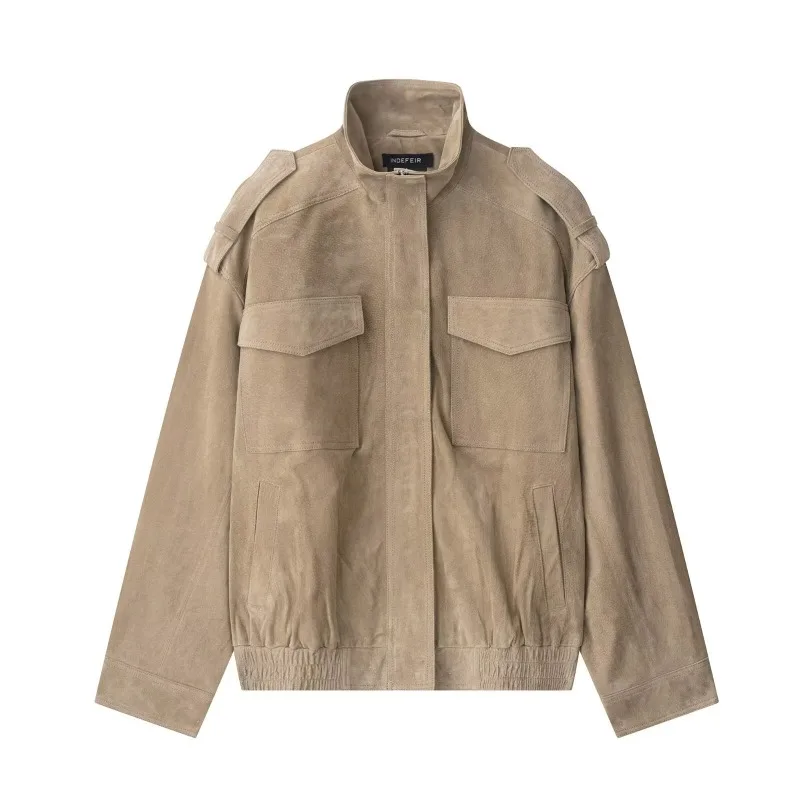 Stand Collar Faux Suede Jacket Zipper Khaki Loose Short Coat Casual Street Stylish Solid Fancy Ladies Outerwears 2026 Spring New