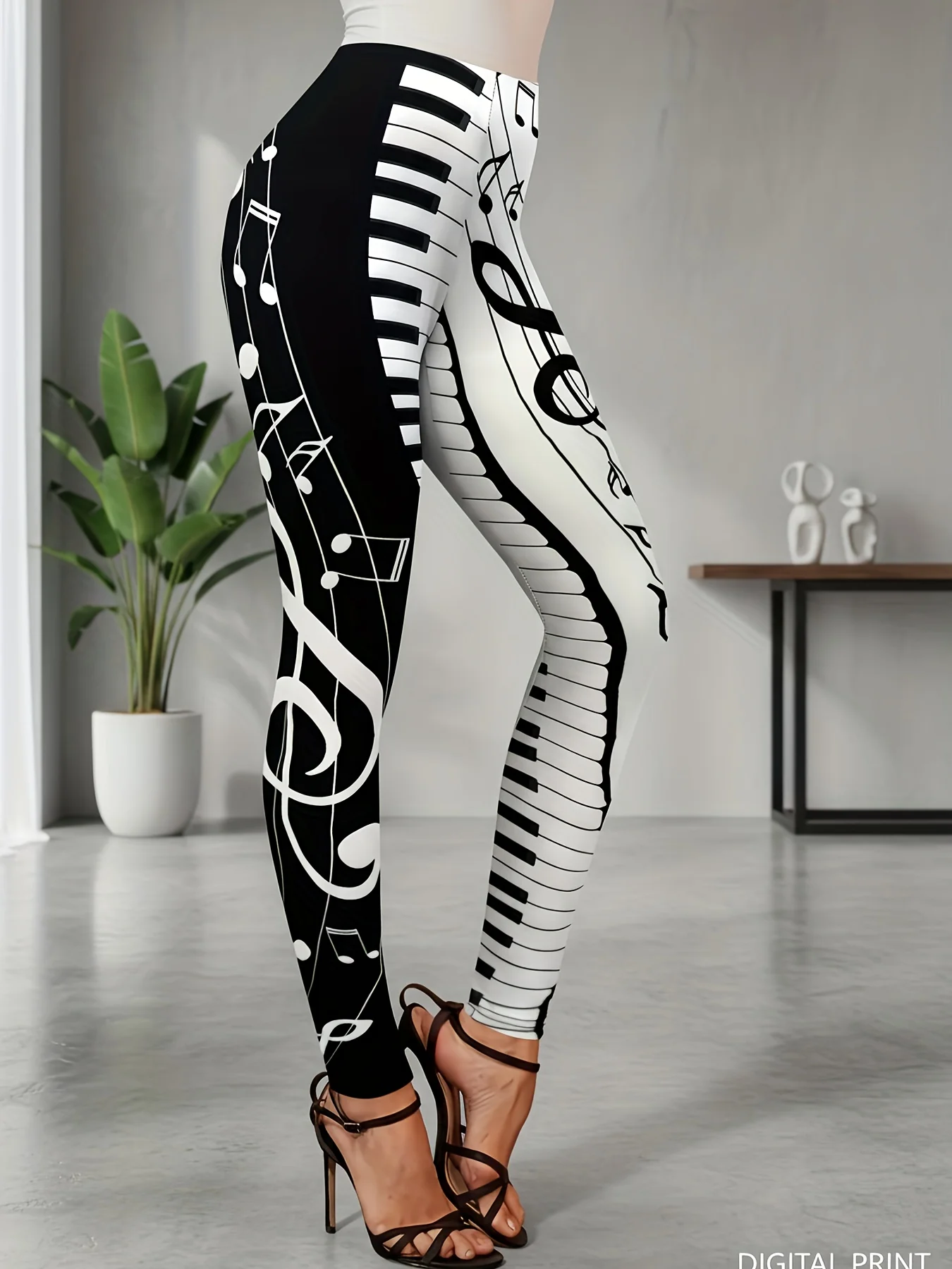 Women Mid‑Rise Fleece Lined Leggings Piano Keyboard Music Note Print Soft Stretch Slim Warm Ladies Casual Pants