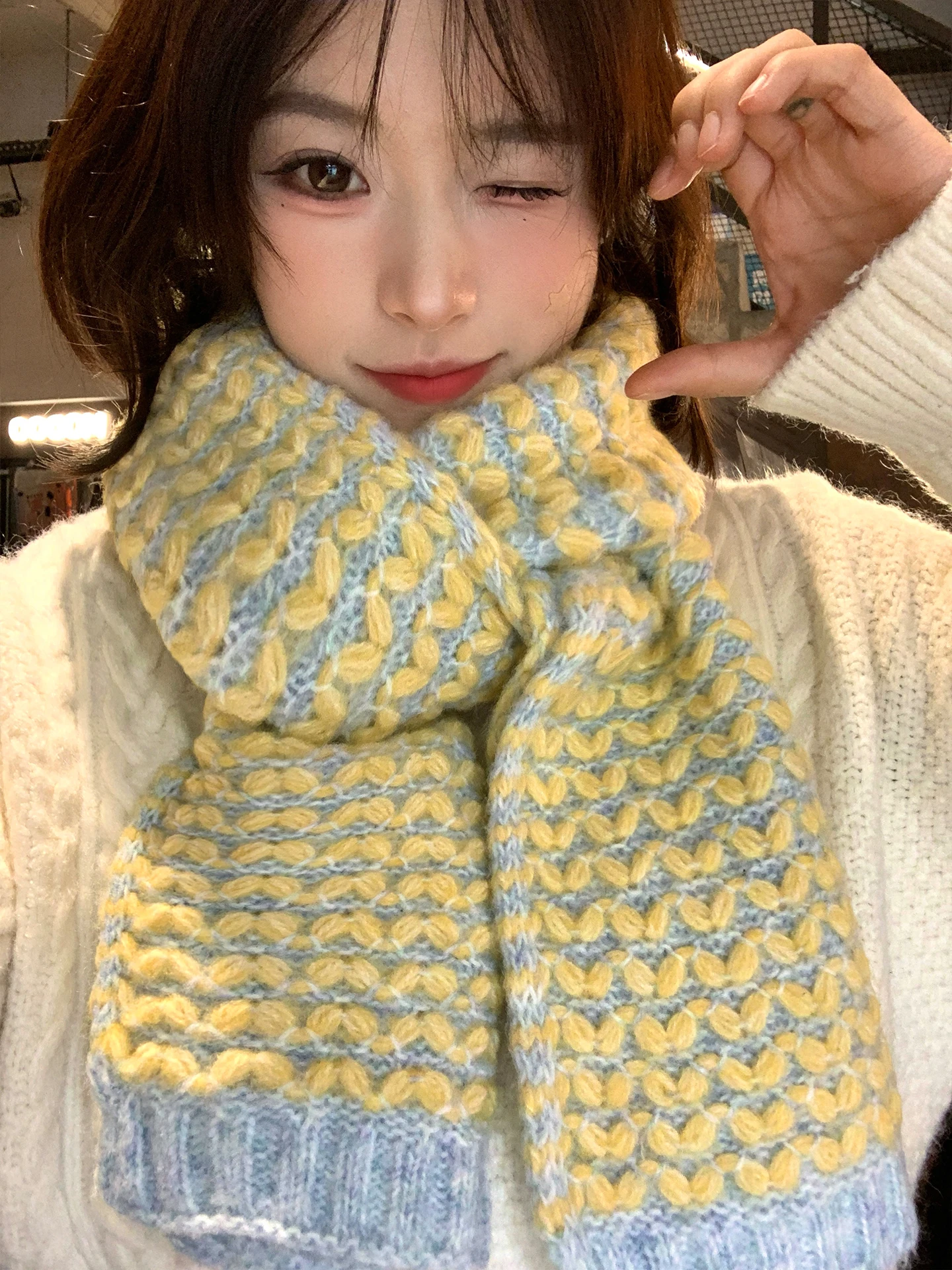 Korean Style Warm Small Knitted Scarf for Women Winter New Yellow Student Wool Neck Protection  Neck Warmer Casual Long R...
