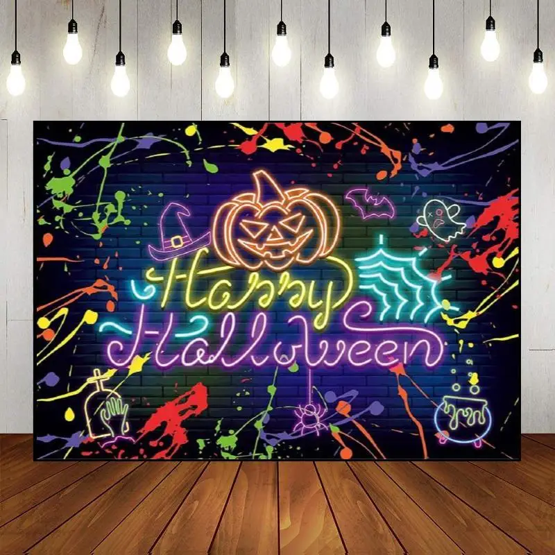 Custom Photography Backdrop Neno Glow Theme Happy Birthday Light Party Wall Disco Decoration Photo Background Graffiti Colorful