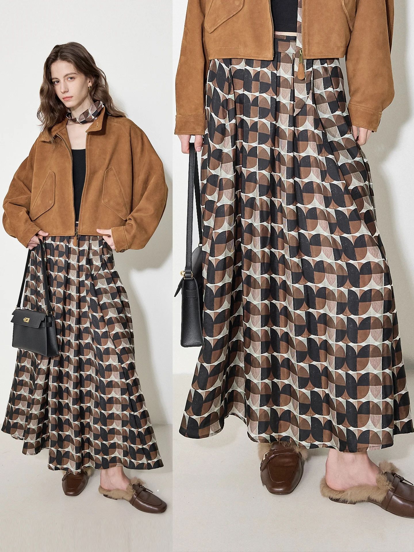 

FreshMoi Geometric Print Copper Ammonia Silk Half Skirt Wide Hem Pleated Midi Skirt Women's High Waist Umbrella Skirt