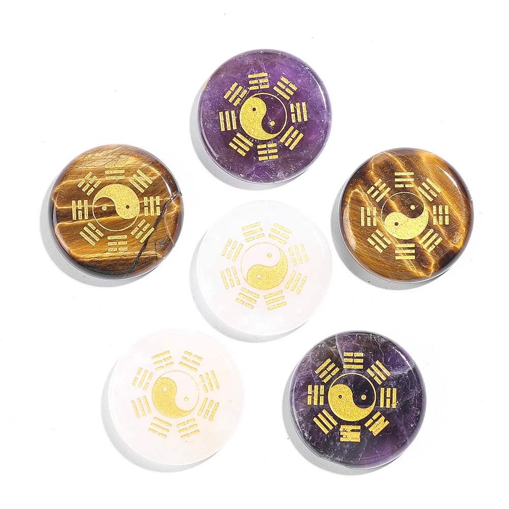 Exquisited Natural Semi Precious Stone Crystal Flat Round Taiji Bagua Figure Decorative Beads Handmade Jewelry Material