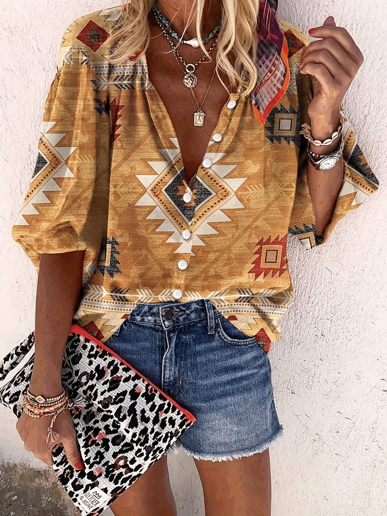 Women's Western Ethnic Style Geometric Print Fashion Three-quarter Sleeve Women's Shirt Yellow