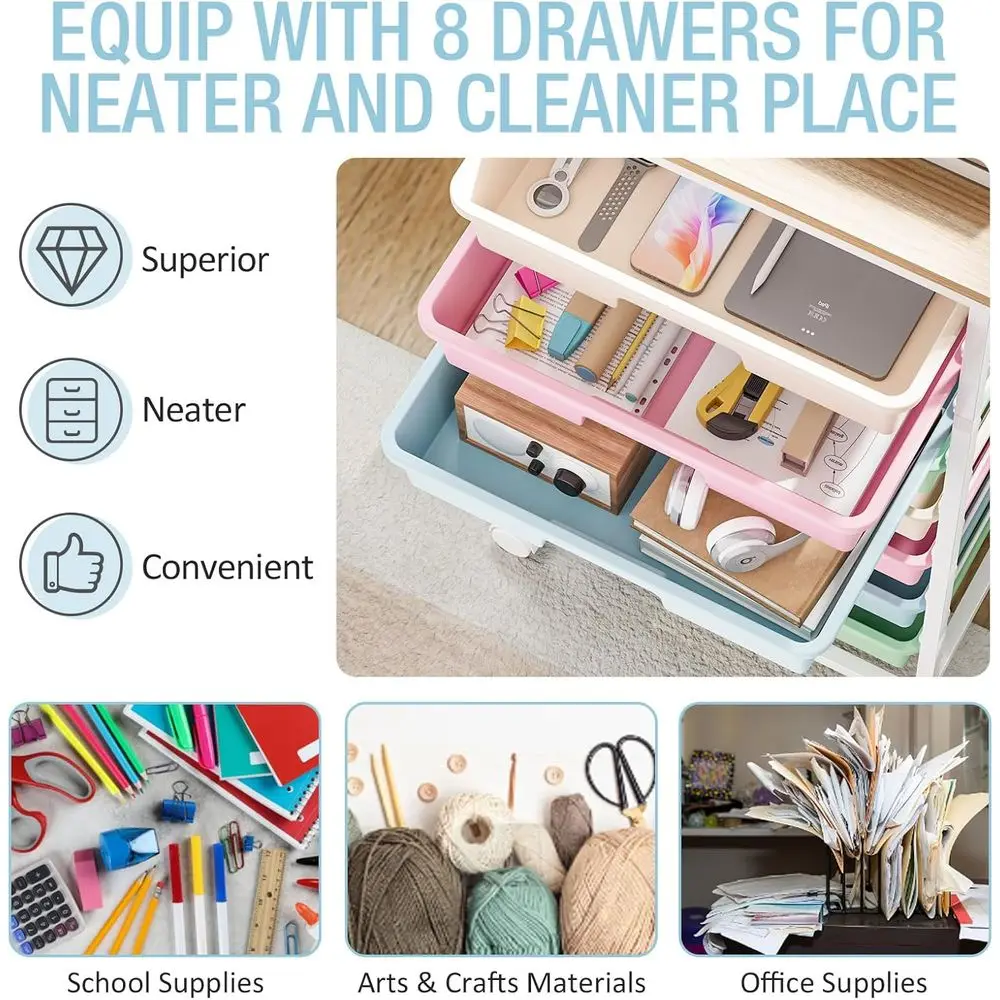Carrinho de armazenamento multicolorido de 8 gavetas com tampo de madeira para sala de aula, arte, escritório e organização doméstica