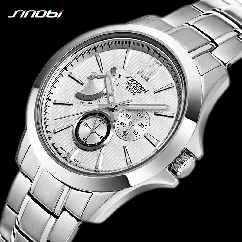 SINOBI Full 316L Stainless Steel Men's Watches Geneva Design 100 M Waterproof Mans Quartz Wristwatchs Calender Relogio Masculino