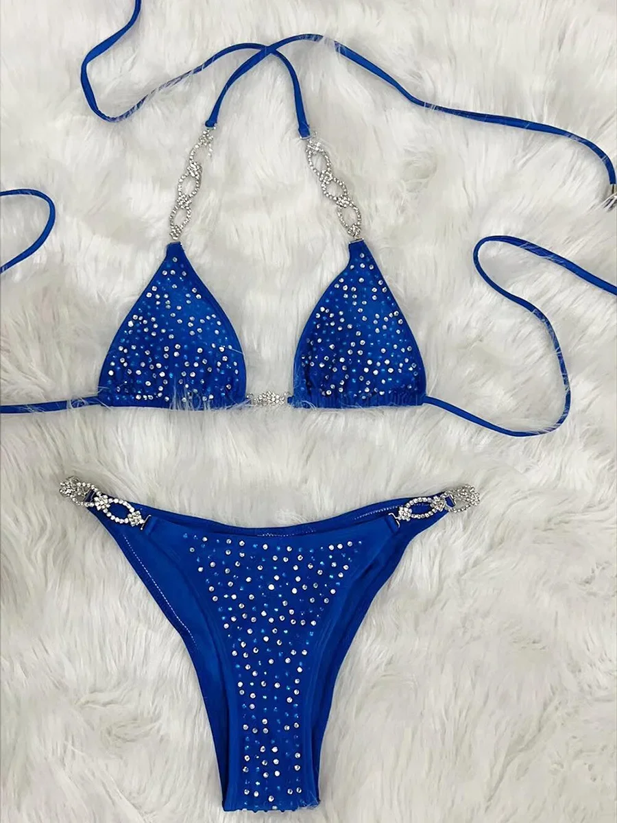 Shiny Sequins Rhinestone Bikini Women Swimwear Female Swimsuit Two-pieces Bikini set Metal Chain Halter Bather Bathing Suit Swim
