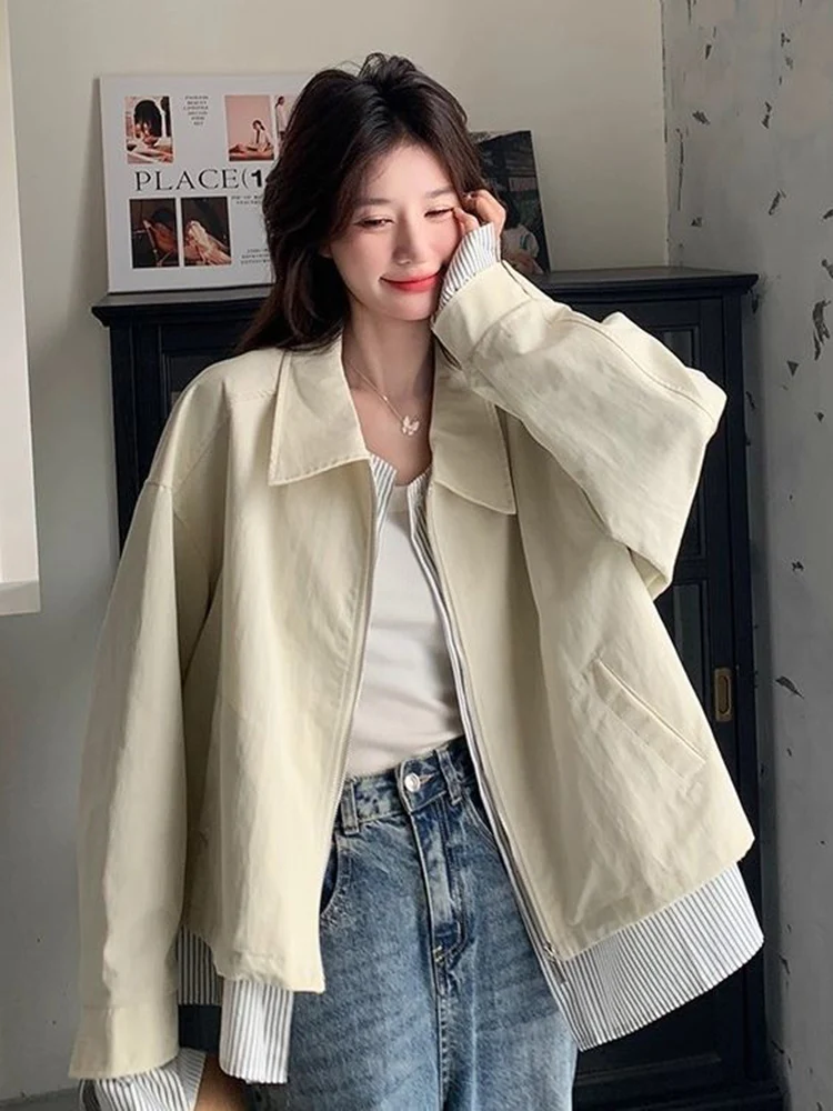 

Модная лоскутная милая куртка-карго женская свободная конструкция корейское пальто с длинным рукавом осенний шикарный консервативный стиль милый женский искусственный два топа