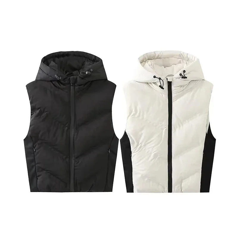 

Cotton Padded Jacket Hooded Vest Outerwear Lightweight Zip Quilted Vest for Women Waistcoat Padded Gilet Black Sleeveless