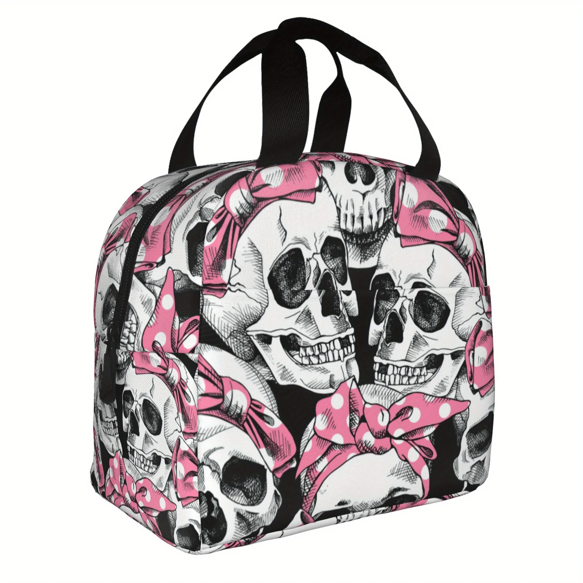 Skull Pink Polka Dot Bow Insulated Lunch Bag Durable Reusable Cold Chain Picnic Tote
